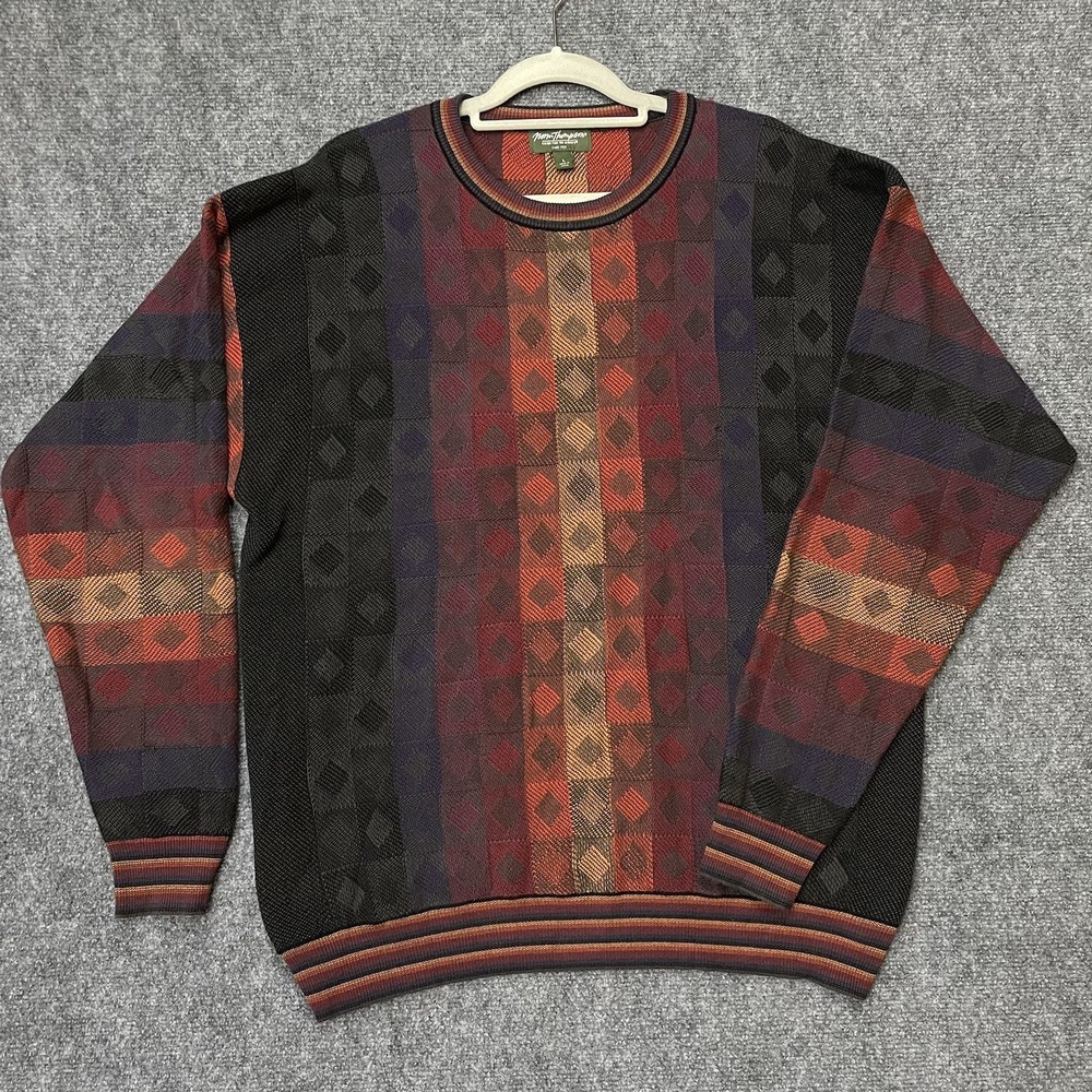 Vintage Norm Thompson Knit Sweater Retro 90s Y2K Colorful Geometric Mens L